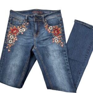 Grace in LA Jeans Womens 26 Blue Peach Floral Embroidery Easy Fit Denim Bootcut